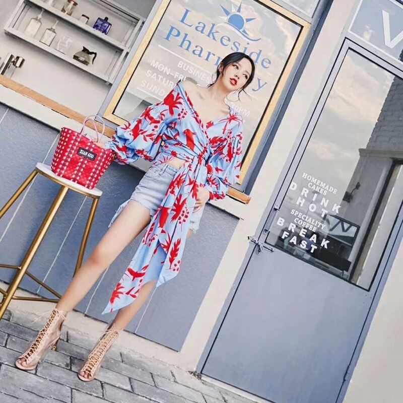 Bow Lace up Printed Shirt Tops Female V Neck Lantern Sleeve Blouse