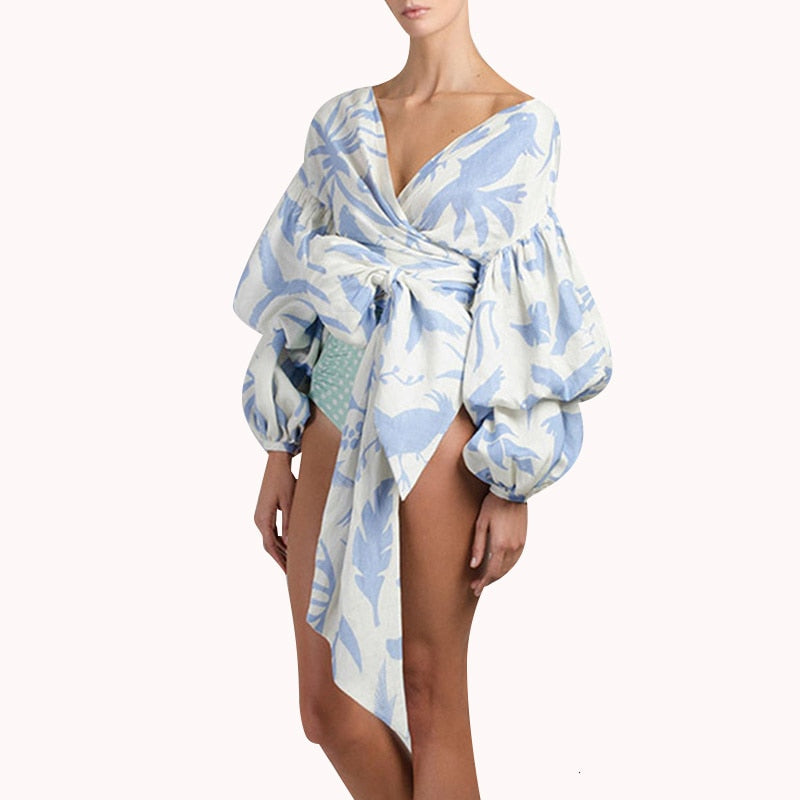 Bow Lace up Printed Shirt Tops Female V Neck Lantern Sleeve Blouse