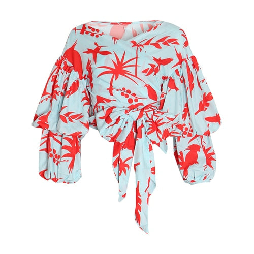 Bow Lace up Printed Shirt Tops Female V Neck Lantern Sleeve Blouse