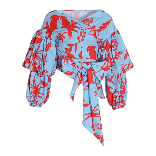 Bow Lace up Printed Shirt Tops Female V Neck Lantern Sleeve Blouse