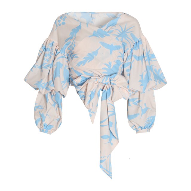 Bow Lace up Printed Shirt Tops Female V Neck Lantern Sleeve Blouse