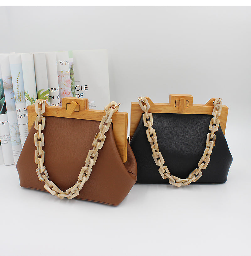 Women Box Bag Bucket Bag Wooden Clip Evening Bag Acrylic Chain