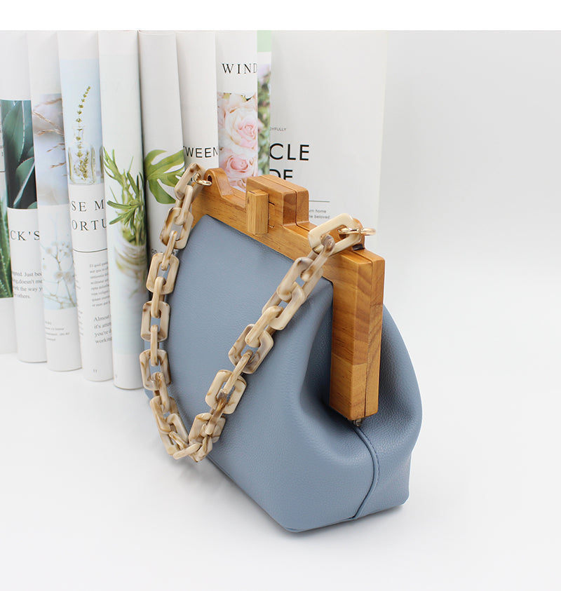 Women Box Bag Bucket Bag Wooden Clip Evening Bag Acrylic Chain