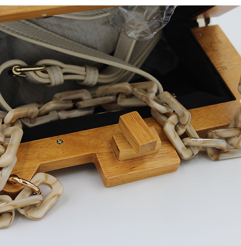 Women Box Bag Bucket Bag Wooden Clip Evening Bag Acrylic Chain