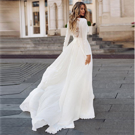 Chiffon Illusion Back Long Sleeve Wedding Dress