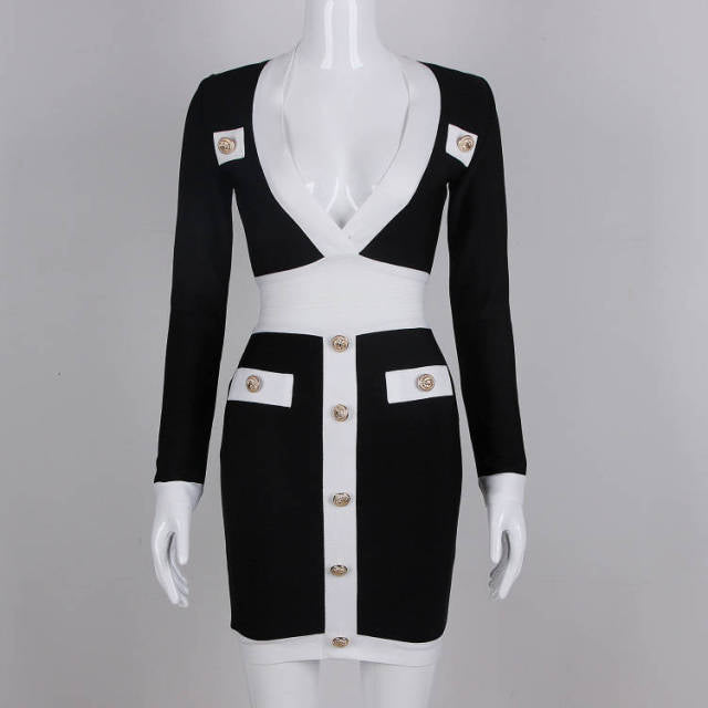 Sexy Deep V-neck Gold Buttons Bandage Elegant Party Dress