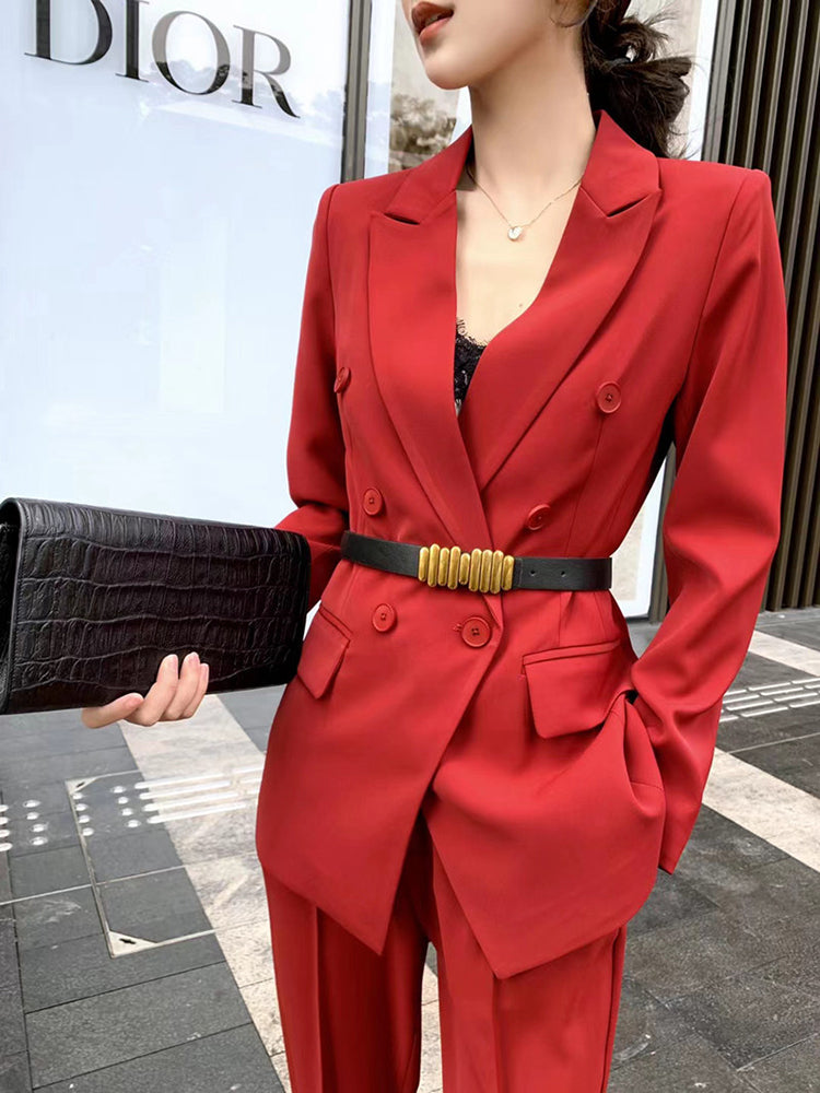Red Two Piece Set Womens Notched Collar Long Sleeve Blazer High Waist