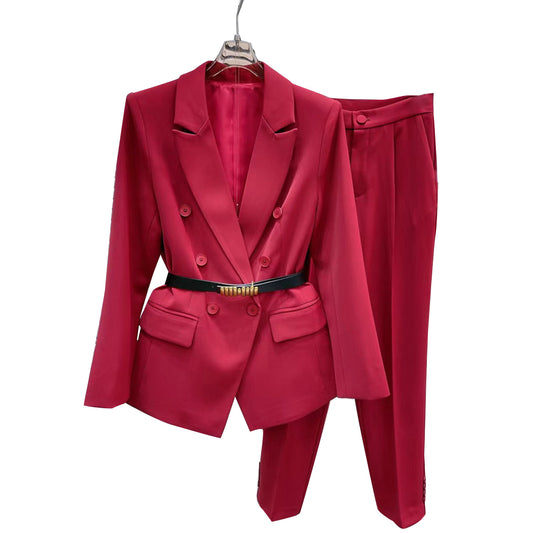 Red Two Piece Set Womens Notched Collar Long Sleeve Blazer High Waist