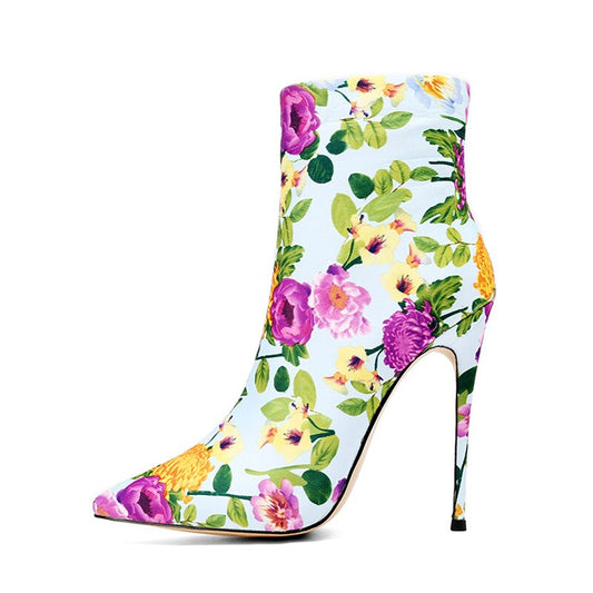 Spring Autumn Women Sexy Stilettos Steel Heels  flowers Ankle Boots
