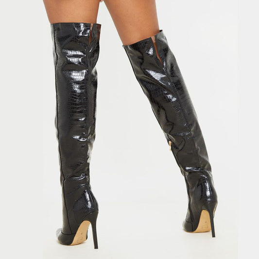 Women Pointed Toe Stilettos Shiny leather Knee high boots high heels