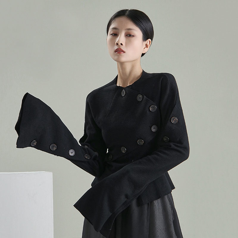 Women Black Shirt Button Irregular Long Flared sleeves Shirts