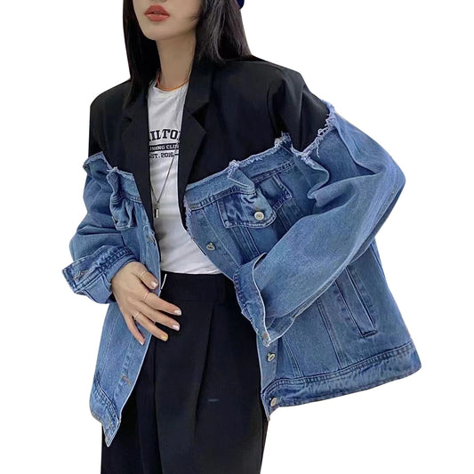 Casual Patchwork Colorblock Jacket For Women Lapel Long Sleeve