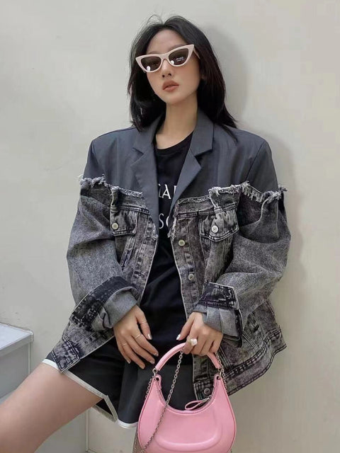 カジュアル パッチワーク カラーブロック ジャケット レディース ラペル 長袖