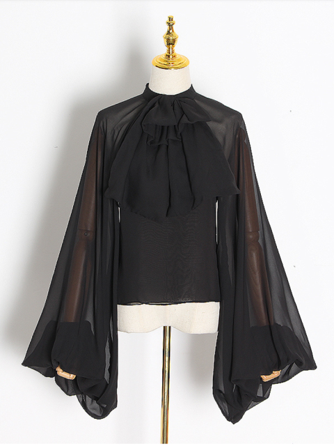 Bowknot Chiffon Blouse Shirt Women Tulle Transparent Sexy Tops