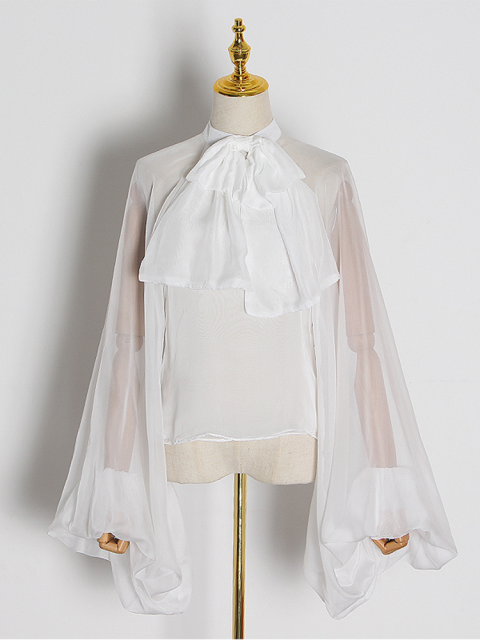 Bowknot Chiffon Blouse Shirt Women Tulle Transparent Sexy Tops