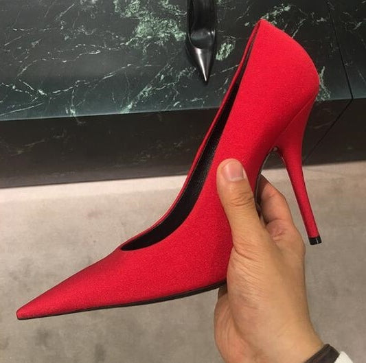 Sexy Red Satin Stiletto Heels Pumps Pointy Toe High Heel Pump