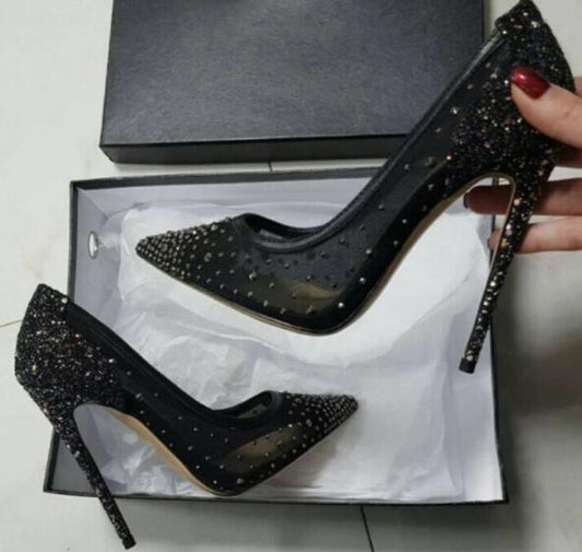 Woman Bling Crystal Stilettos Heels Sexy Elegant Black Mesh Pumps