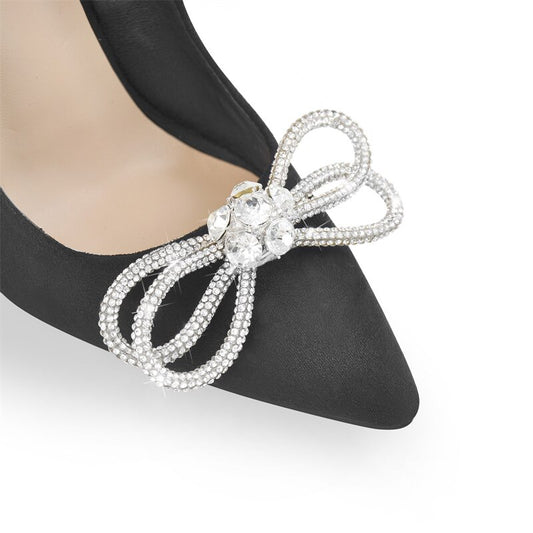 Women Elegant Pumps Black Flock Pointed Toe Shiny Crystal