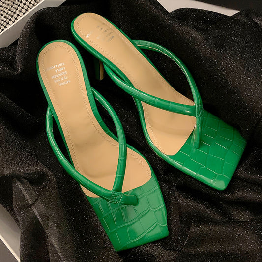 Women genuine leather green Slippers stilettos Heels
