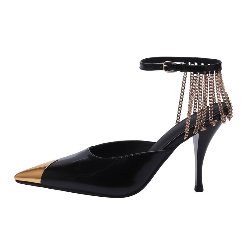 Pointed Toe Mule Genuine Leather Chains Sandals Crystal