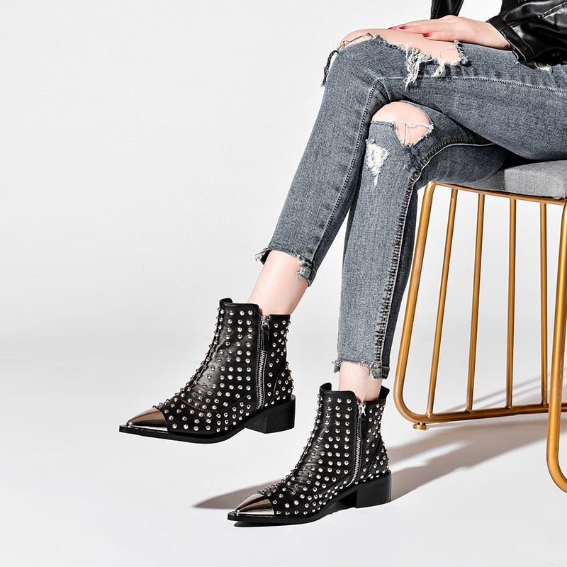 Women Genuine Leather Zipper Rivets Punk Ankle Boots