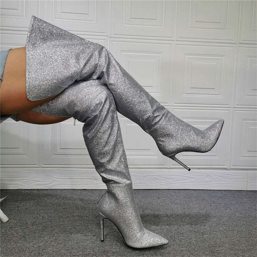 Women Over The Knee High Silver Boots
