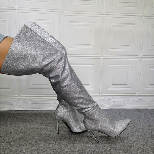 Women Over The Knee High Silver Boots