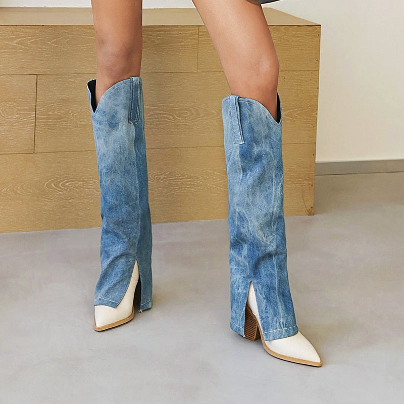 Women Blue jeans Boots Knee High Boots Pointed Toe chunky Heels