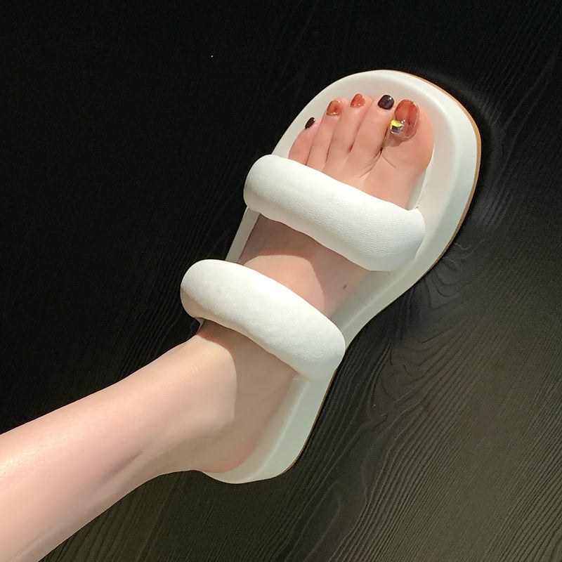 Women Shiny Leather Slippers Peep Toe Chunky platform