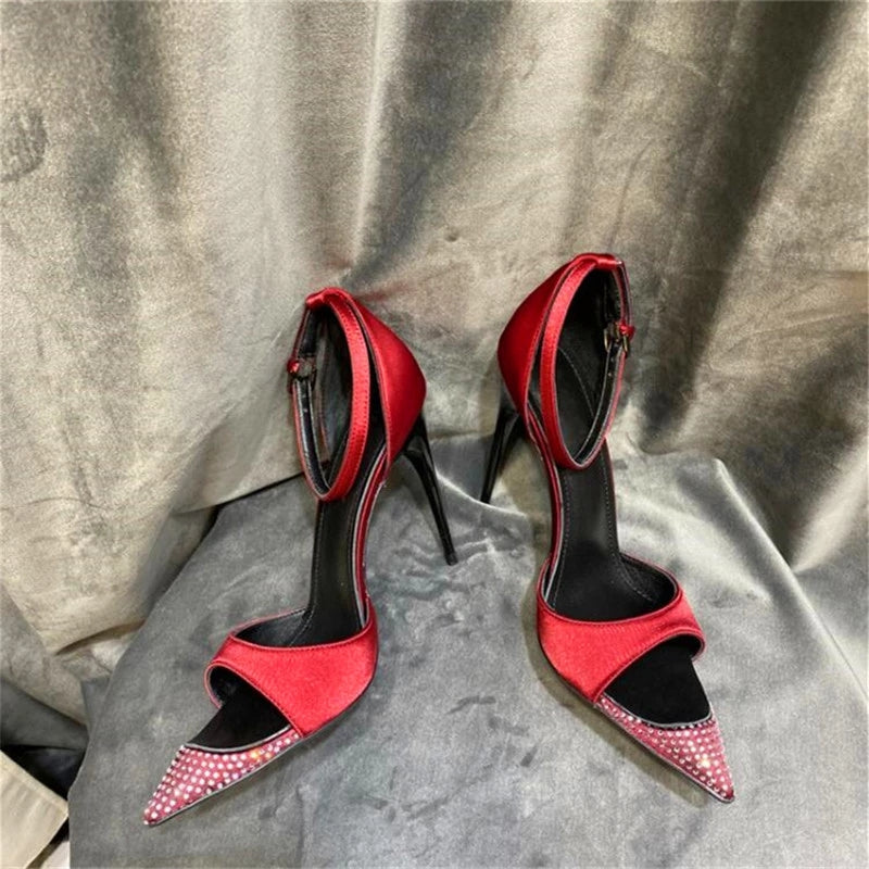 Super high heel crystal stiletto pointed sandals open toe buckle
