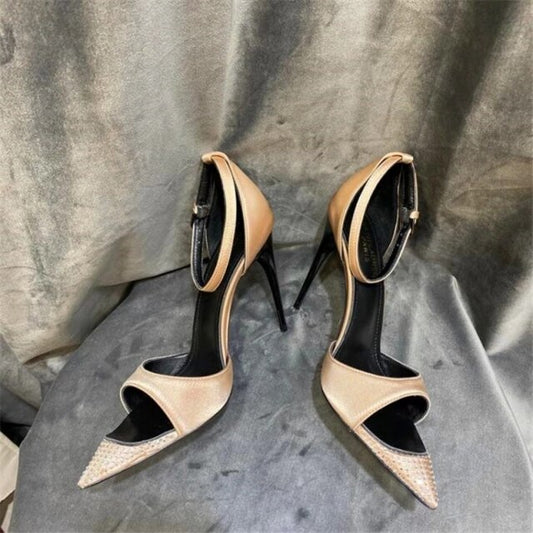 Super high heel crystal stiletto pointed sandals open toe buckle