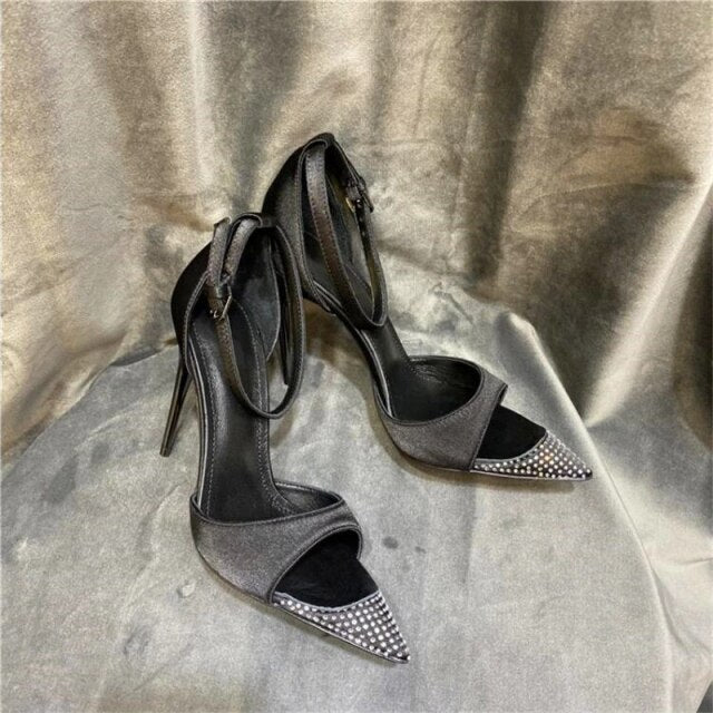 Super high heel crystal stiletto pointed sandals open toe buckle