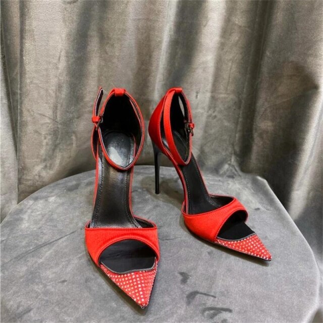 Super high heel crystal stiletto pointed sandals open toe buckle