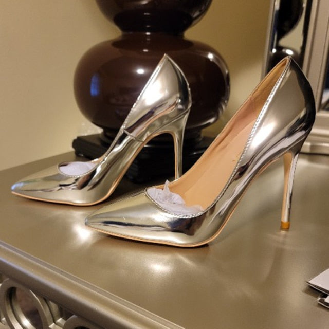 Glossy Silver Patent Leather Women Sexy Pointed Toe High Heel Shoes
