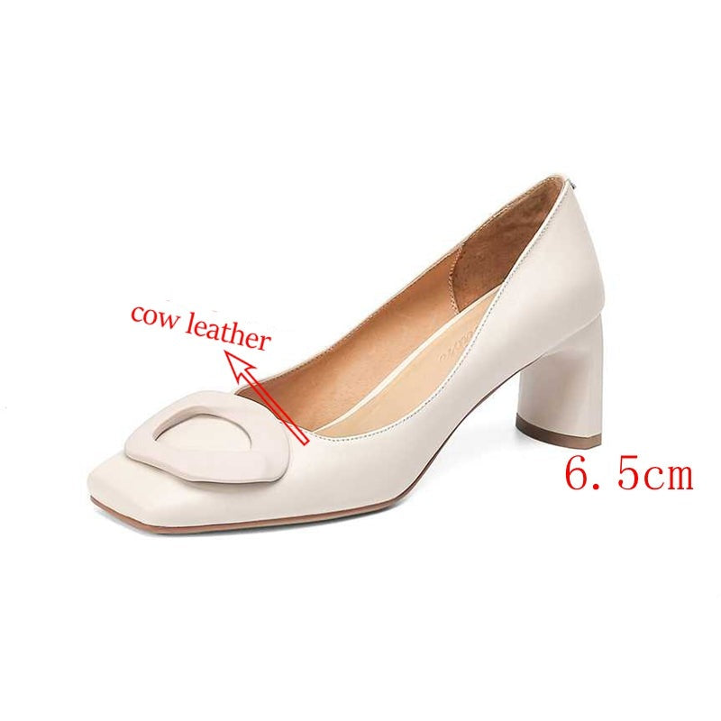 Full GrainLeather Square Toe High Heels Candy Colors