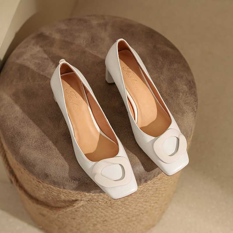 Full GrainLeather Square Toe High Heels Candy Colors