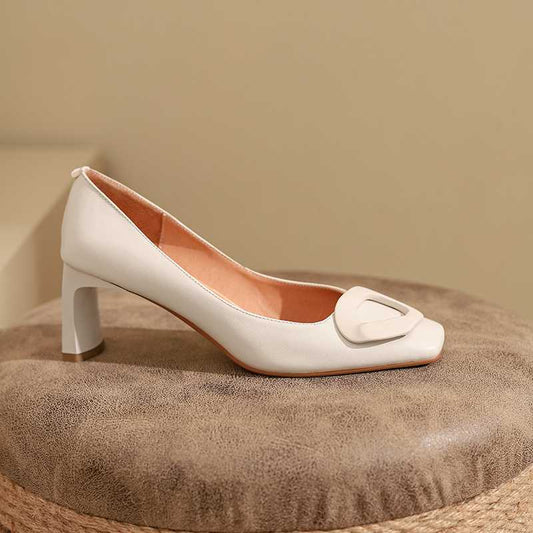 Full GrainLeather Square Toe High Heels Candy Colors