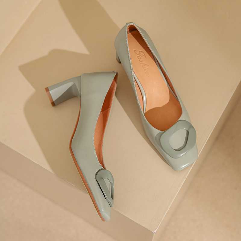 Full GrainLeather Square Toe High Heels Candy Colors