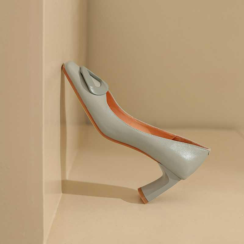 Full GrainLeather Square Toe High Heels Candy Colors