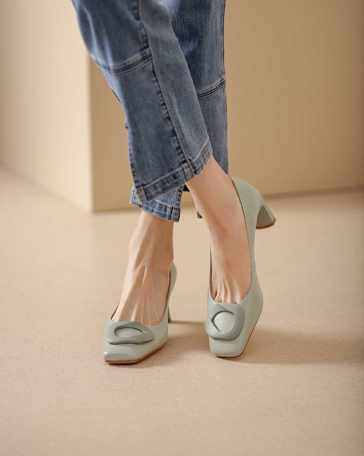 Full GrainLeather Square Toe High Heels Candy Colors