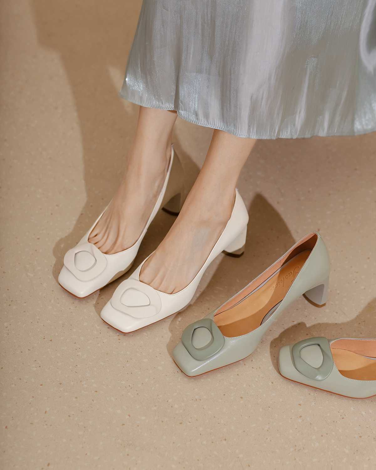 Full GrainLeather Square Toe High Heels Candy Colors