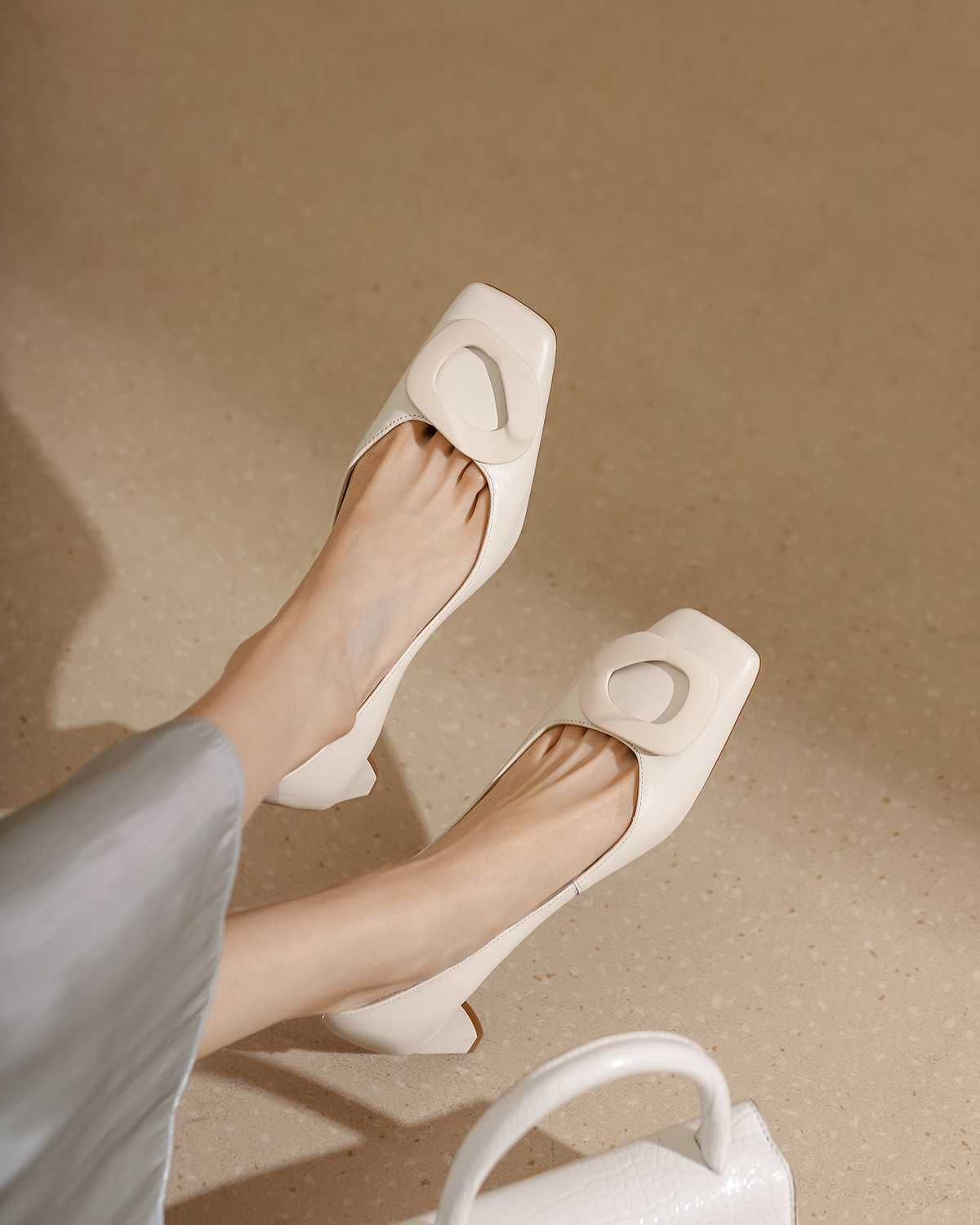 Full GrainLeather Square Toe High Heels Candy Colors