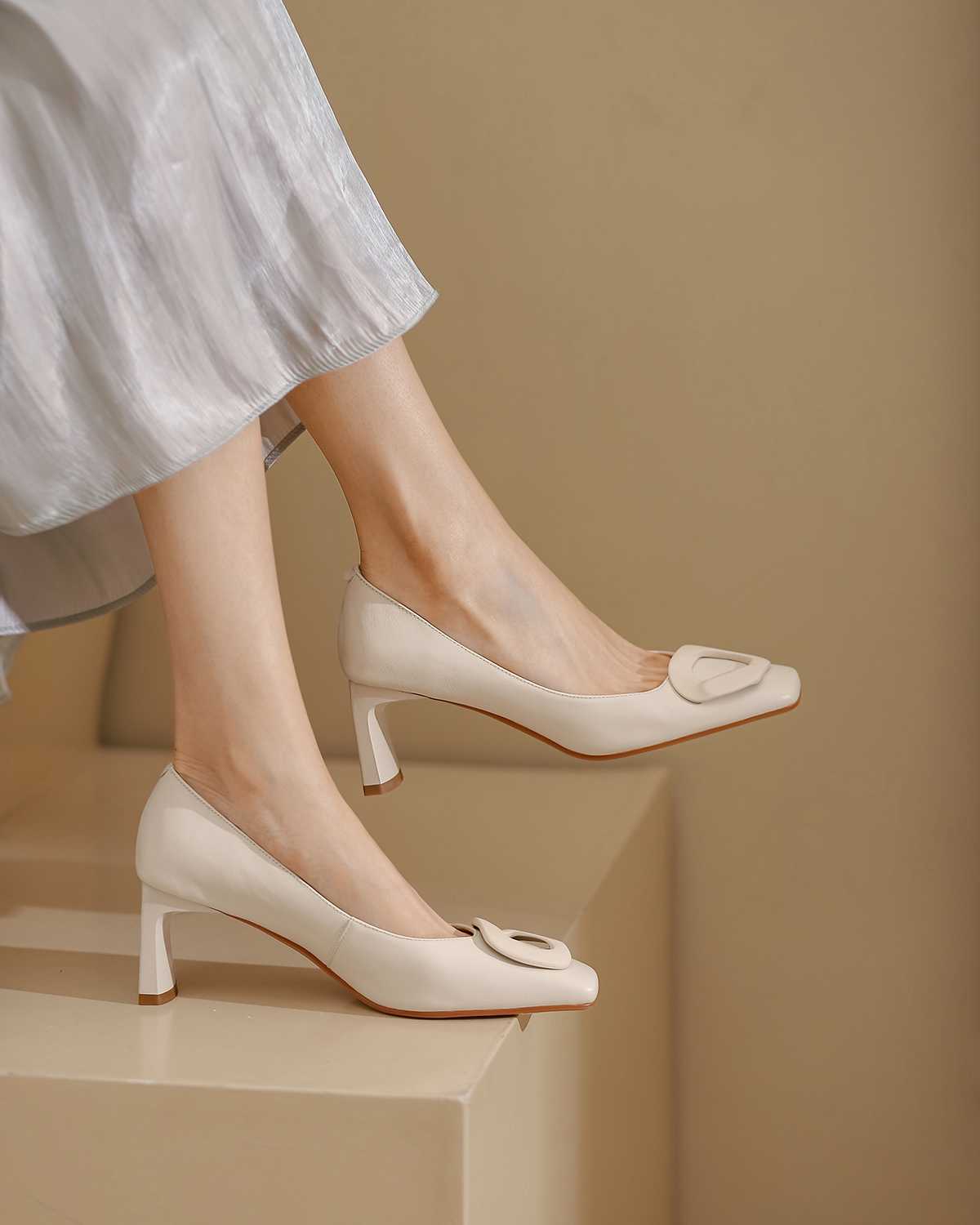 Full GrainLeather Square Toe High Heels Candy Colors