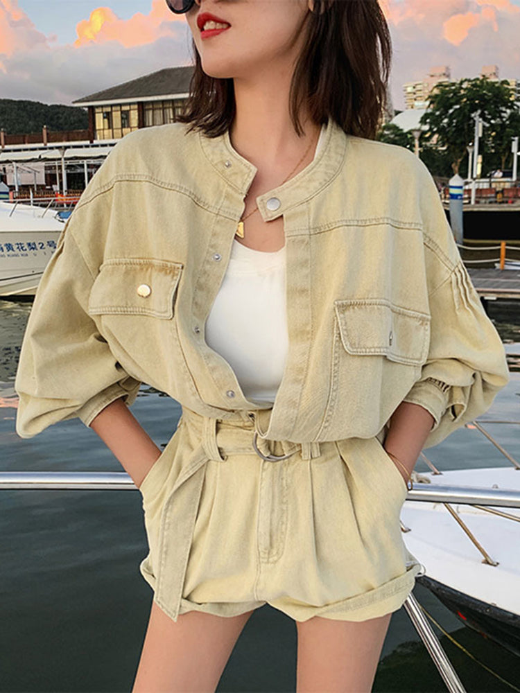 Casual Plain Loose Two Piece Set Women Stand Collar Long Sleeve Top