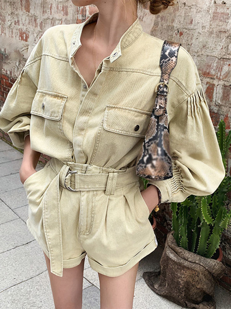 Casual Plain Loose Two Piece Set Women Stand Collar Long Sleeve Top