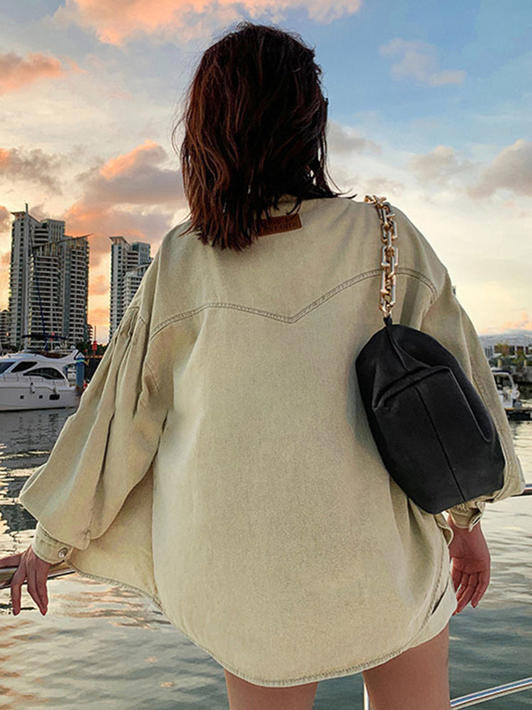 Casual Plain Loose Two Piece Set Women Stand Collar Long Sleeve Top