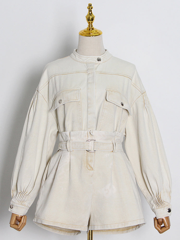 Casual Plain Loose Two Piece Set Women Stand Collar Long Sleeve Top