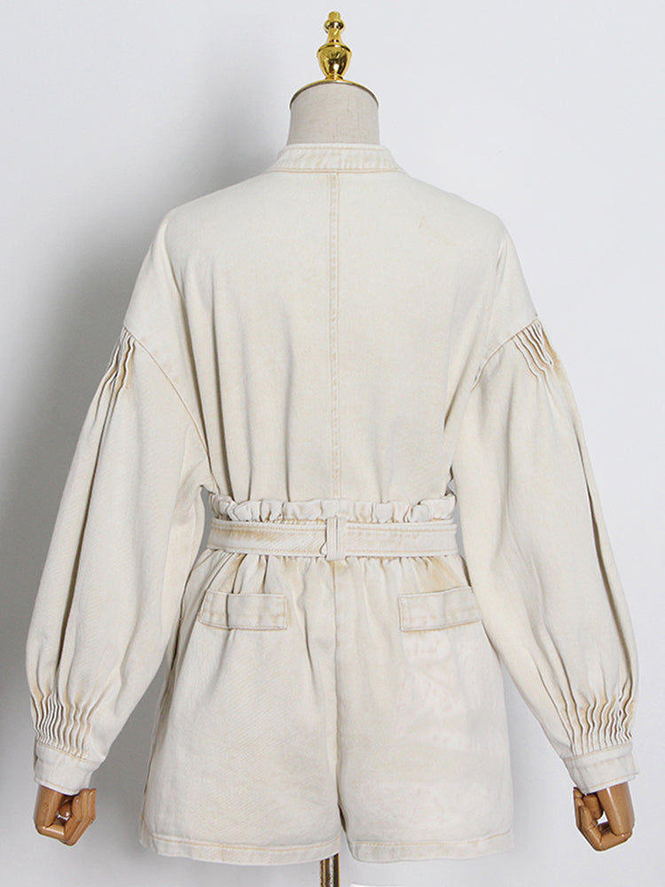 Casual Plain Loose Two Piece Set Women Stand Collar Long Sleeve Top