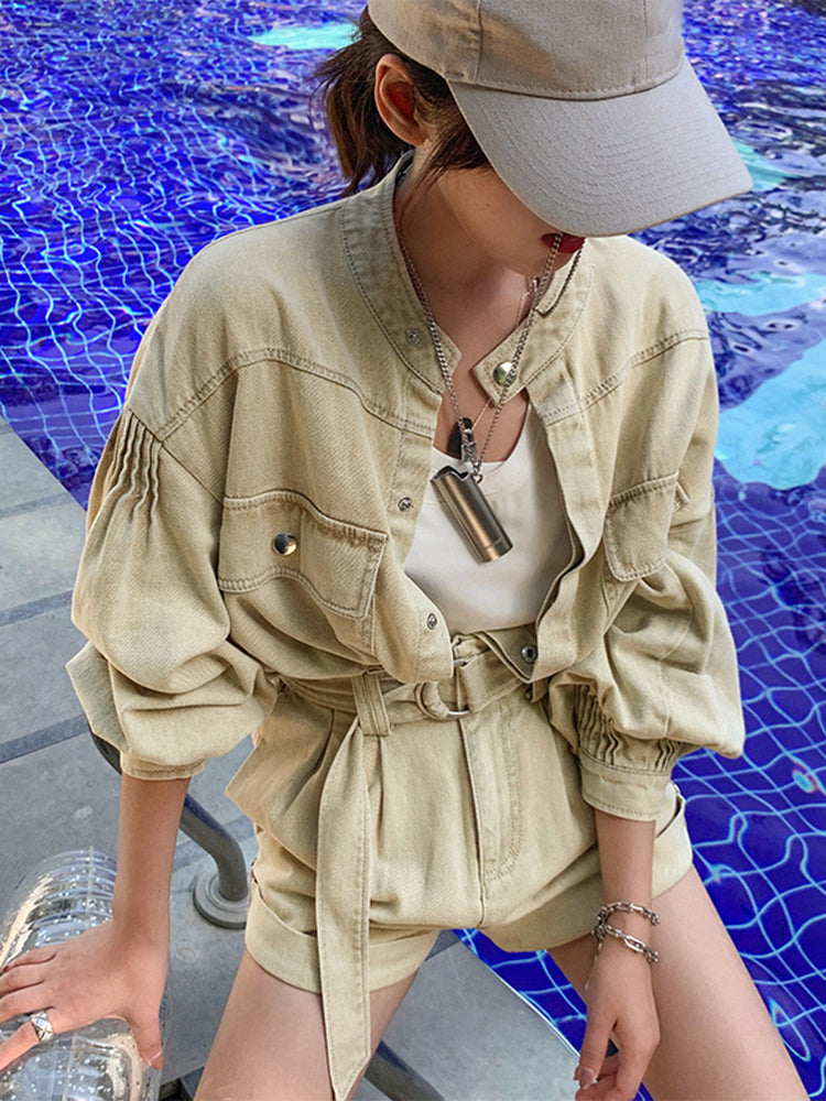 Casual Plain Loose Two Piece Set Women Stand Collar Long Sleeve Top