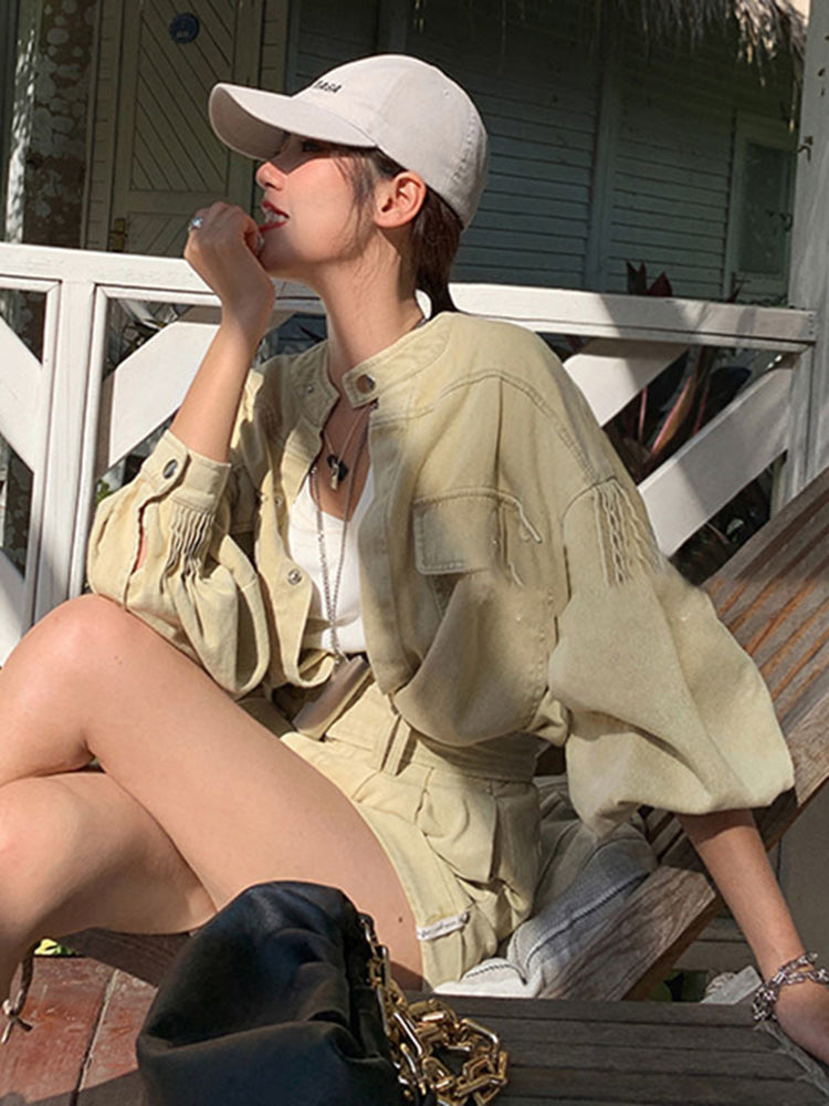 Casual Plain Loose Two Piece Set Women Stand Collar Long Sleeve Top